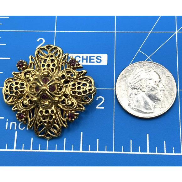 Vintage Filigree Rhinestone Brooch Bronze Purple J1-3012 - Picture 4 of 8
